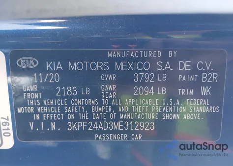2021 Kia Forte Lxs z USA, uszkodzony, nr VIN 3KPF24AD3ME312923